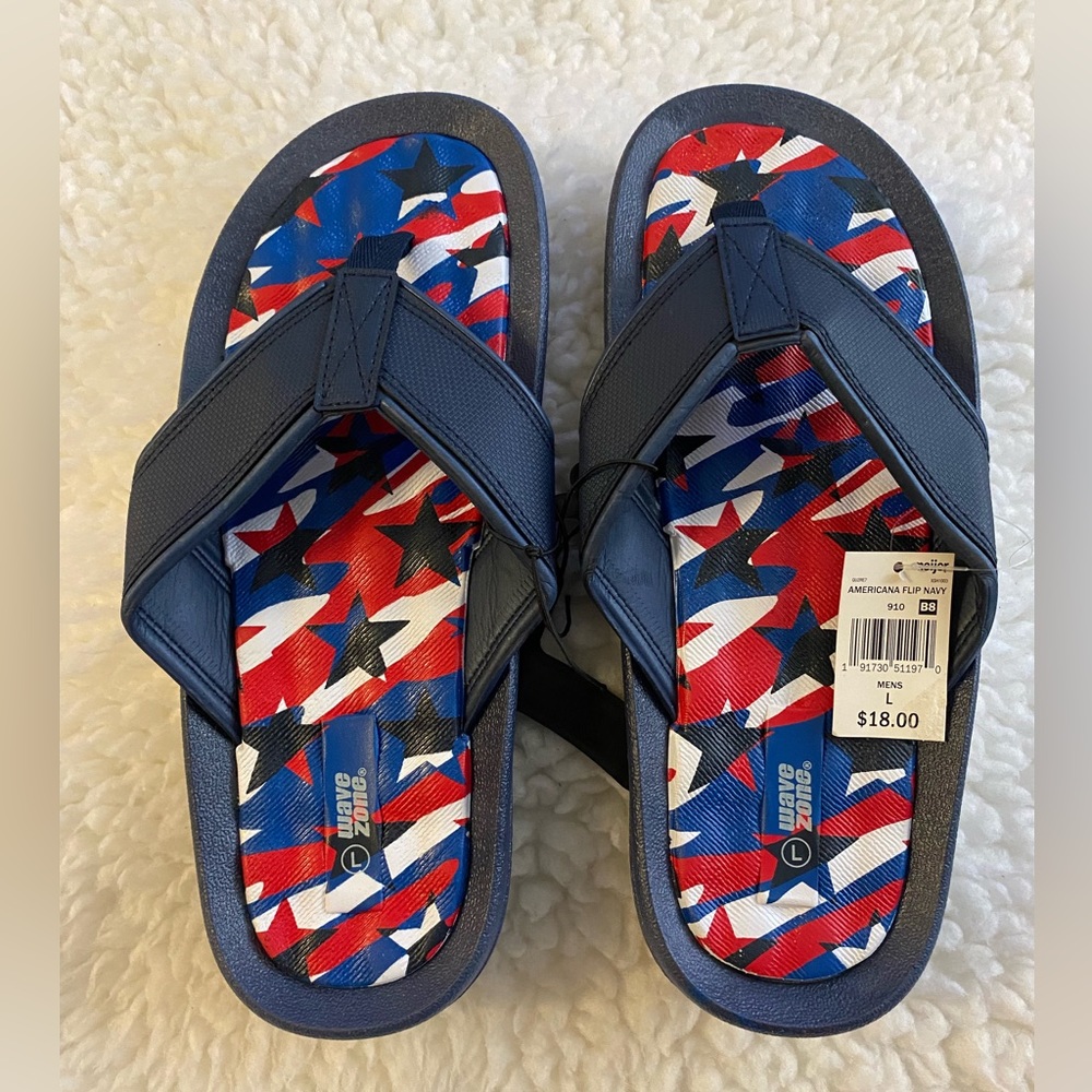 NWT-Men’s Wave Zone Americana Navy Flip-Flops-Size Large 10